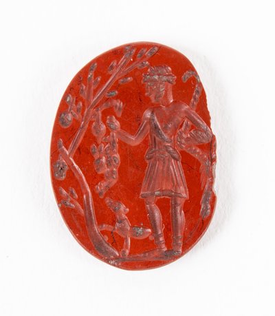Intaglio da South Shields che mostra Silvanus-Cocidius (divinità celtico-romana della caccia) con lepre e cane, inizio III secolo d.C. da Roman